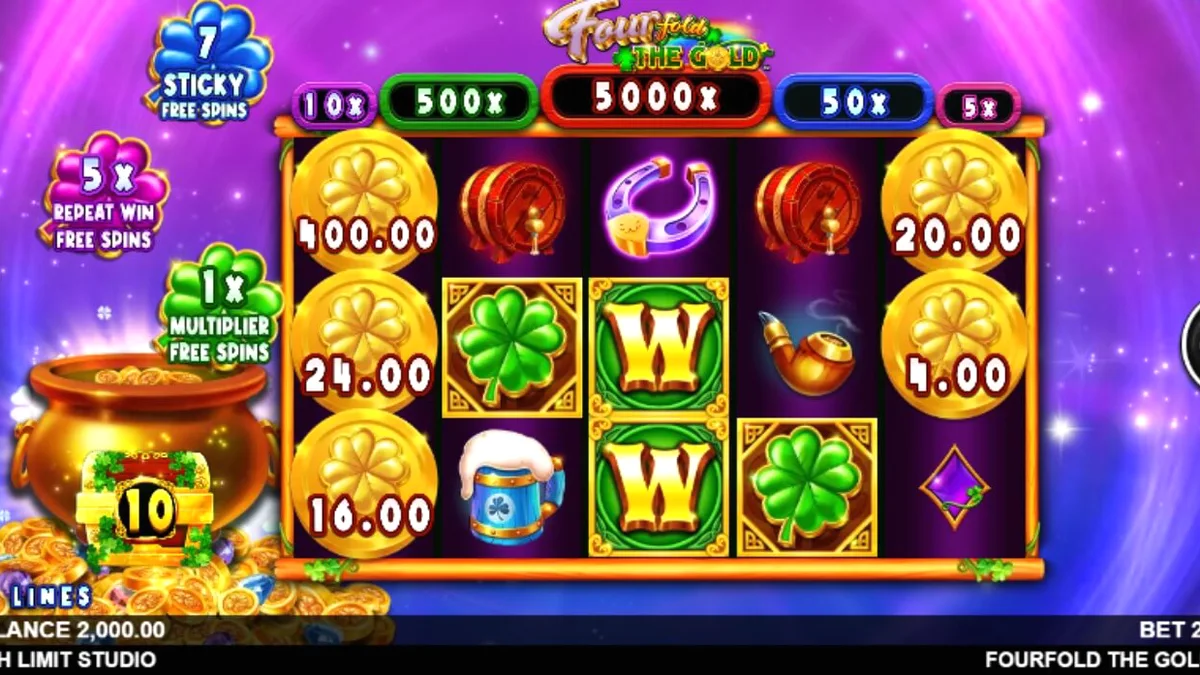 Pemandangan kosmik dengan simbol leprechaun dan pot emas di slot Fourfold the Gold